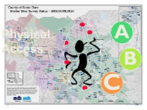 Image of a county map that indicates location of sites with text "Physical Access" and the letters "A, B, C" over layed with a stick figure image of a person figuring out which sites should be opened.