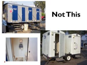 A collage of images showing inaccessible portable bathrooms with text "Not This" at the top. Two of the images show portable bathrooms that have steps to enter, and one of the images show a narrow doorway to a portable bathroom. 