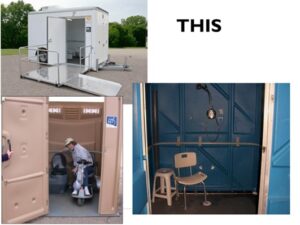 A collage of images showing accessible portable bathrooms with text "THIS" at the top. One image shows a ramp to get into the portable bathroom. Another image shows a person sitting on their motorized scooter inside a portable bathroom smiling at the camera. The third image shows a large accessible portable shower area with a shower chair in the corner.
