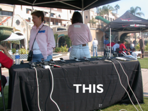 Image of a large table of communication devices (phones and computers) charging with people standing around and the text "THIS" at the bottom of the image.