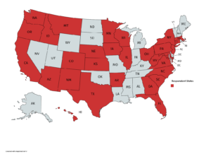 Map of states showing survey respondence with states highlighted in red.