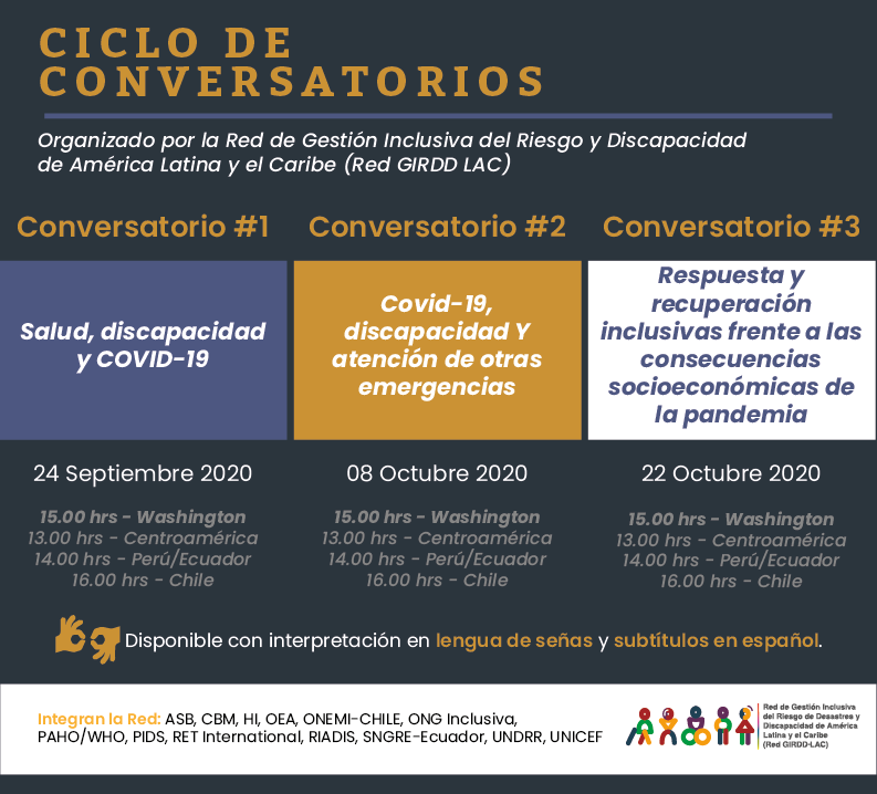 El texto: CICLO DE
CONVERSATORIOS 
Organizado por la Red de Gestión Inclusiva del Riesgo y Discapacidad de América Latina y el Caribe (Red GIRDD LAC)

Conversatorio #1: Salud, discapacidad y COVID-19 - 24 Septiembre  2020

15.00 hrs - Washington
13.00 hrs - Centroamérica
14.00 hrs - Perú/Ecuador
16.00 hrs - Chile

Conversatorio #2
discapacidad Y atención de otras emergencias - 08 Octubre 2020

15.00 hrs - Washington
13.00 hrs - Centroamérica
14.00 hrs - Perú/Ecuador
16.00 hrs - Chile

Conversatorio #3

Respuesta y recuperación inclusivas frente a las consecuencias socioeconómicas de la pandemia - 22 Octubre 2020

15.00 hrs - Washington
13.00 hrs - Centroamérica
14.00 hrs - Perú/Ecuador
16.00 hrs - Chile

Disponible con interpretación en lengua de señas y subtítulos en español.

Integran la Red: ASB, CBM, HI, OEA, ONEMI-CHILE, ONG Inclusiva,
PAHO/WHO, PIDS, RET International, RIADIS, SNGRE-Ecuador, UNDRR, UNICEF

Red de Gestion Inclusiva del Riesgo de Desastres y Discapaciad de America Latina y el Caribe (Red GIRRD-LAC)
