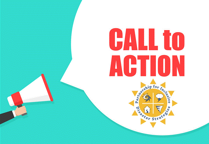 Turquoise background with graphic: hand holding megaphone with white bubble coming from it with red text "Call To Action" in the center of the bubble and The Partnership sun logo below the text.