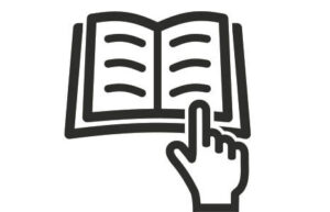Graphic: black and white outline of an open book. A hand points to a page.