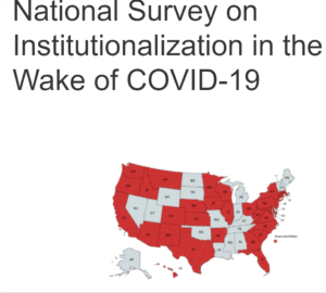 Text that reads: "National Survey Institutionalization in the Wake of COVID-19." The Partnership logo sits below the text next to an map of the United States. The map has each state defined and colored in either red or gray.