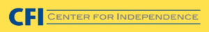 Logotipo de CFI: texto azul con fondo amarillo. El texto dice: CFI. Center for Independence