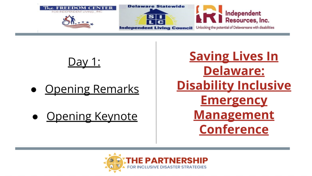 Image with the logos of The Partnership, FCIL, DE SILC, and IRI. Text reads "Day 1, Opening Remarks, Opening Keynote"