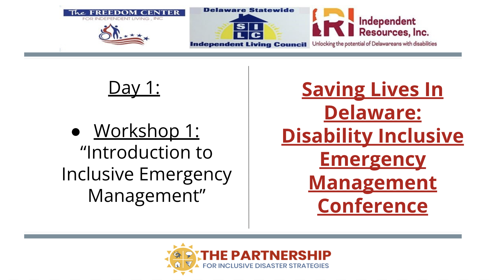 Image with the logos of The Partnership, FCIL, DE SILC, and IRI. Text reads "Day 1" and "Workshop 1, Introduction to Inclusive Emergency Management”
