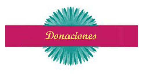 Gráfico de texto: "Donaciones" con diseño de flores de colores de fondo.