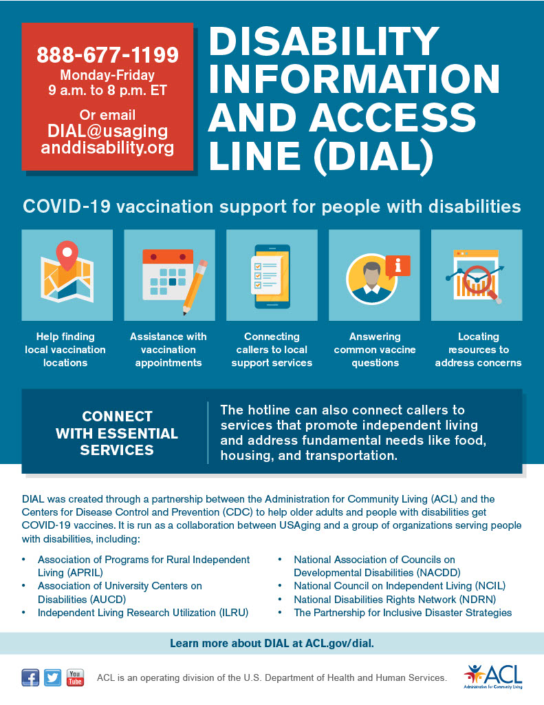 DISABILITY INFORMATION AND ACCESS LINE (DIAL) colorful infographic with typography: 888-677-1199 Monday-Friday 9 a.m. to 8 p.m. ET or email DIAL@usaginganddisability.org; COVID-19 vaccination support for people with disabilities. (Map graphic) Help finding local vaccination locations. (Calendar graphic) Assistance with vaccination appointments. (Checklist graphic) Connecting callers to local support services. (Graphic of person with a speech bubble with an “i” for information) Answering common vaccine questions. (Graphic of diagram) Locating resources to address concerns. CONNECT WITH ESSENTIAL SERVICES. The hotline can also connect callers to services that promote independent living and address fundamental needs like food, housing, and transportation. DIAL was created through a partnership between the Administration for Community Living (ACL) and the Centers for Disease Control and Prevention (CDC) to help older adults and people with disabilities get COVID-19 vaccines. It is run as a collaboration between USAging and a group of organizations serving people with disabilities, including: Learn more about DIAL at ACL.gov/dial. • Association of Programs for Rural Independent Living (APRIL) • Association of University Centers on Disabilities (AUCD) • Independent Living Research Utilization (ILRU) • National Association of Councils on Developmental Disabilities (NACDD) • National Council on Independent Living (NCIL) • National Disabilities Rights Network (NDRN) • The Partnership for Inclusive Disaster Strategies Learn more about DIAL at ACL.gov/dial.