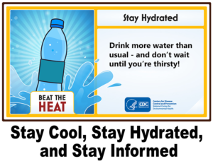 Graphic of a blue water bottle and a splash of water; the slogan "BEAT THE HEAT" is below. The words "Stay hydrated. Drink more water than usual - and don't wait until you're thirsty!"