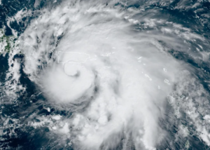 Image of satellite view of Hurricane Fiona above the island of Puerto Rico.