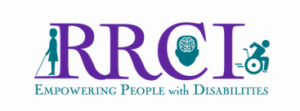 RRCI logo in purple letters, with green text below that says "Empowering People with Disabilities." Around the letters are 3 icons: one of a person with a white cane; one of a silhouette of a head and a brain; one of a person in a wheelchair 