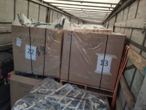 Image of packages inside the truck in Ukraine.