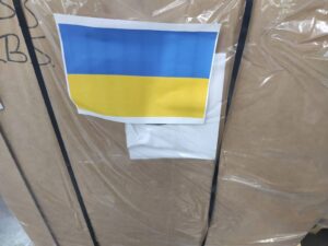 Image of a package with the Ukraine flag taped on it.