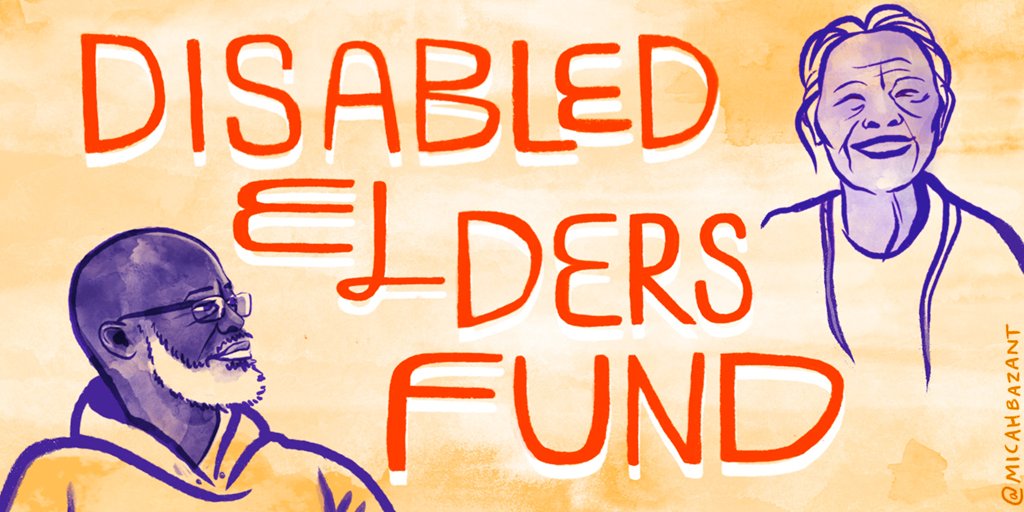 Logo for the Disabled Elders Fund. Including sketches of two older people.