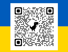 Image of QR code to scan with Ukrainian flag colors, blue and yellow behind it.