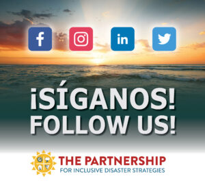 In the background is a sunrise over the ocean. In the sky are logos for Facebook, Instagram, LinkedIn, and Twitter. Text reads: Siganos! Follow us! At the bottom is the logo for The Partnership.