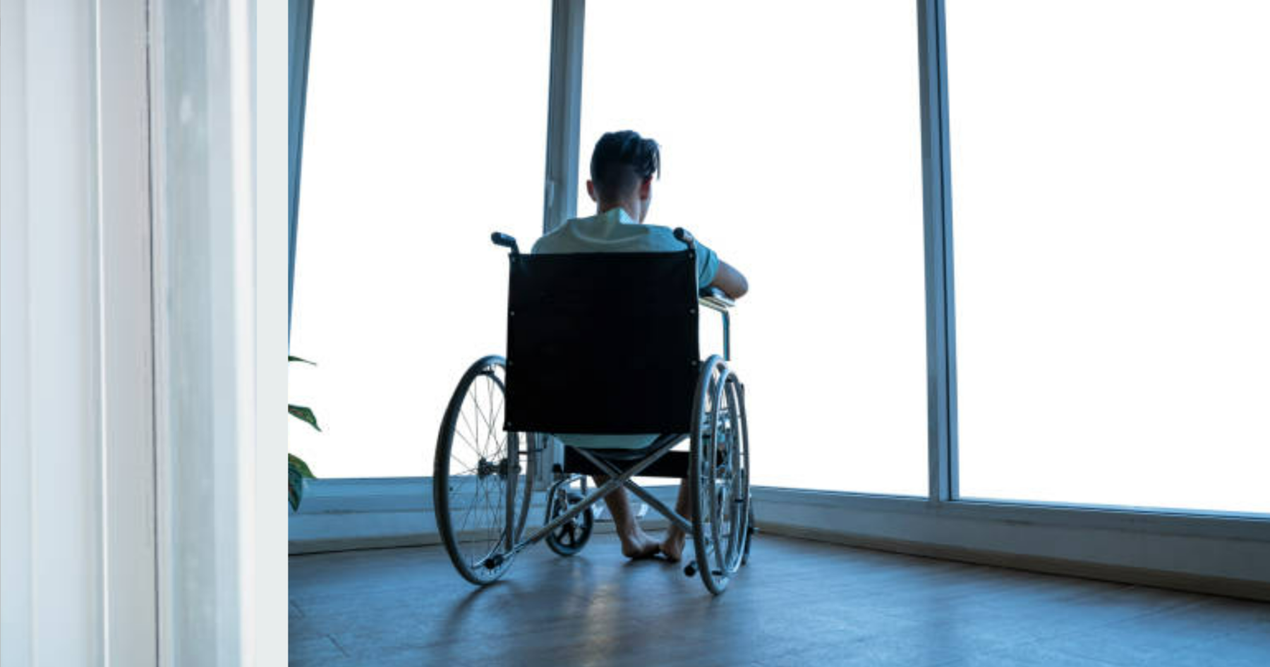 A man sits in a wheelchair, with his back to the viewer, looking out large windows in an institutional setting