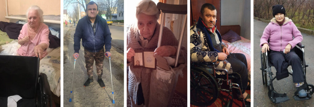 Collage of Ukrainian equipment recipients: an older woman sitting in her bed holding the handlebar of a new wheelchair; a middle-aged man standing with two forearm crutches; an older woman clutching her crutches, and showing her ID badge; a middle aged man sitting next to his bed in a wheelchair; a young woman missing her right leg, sitting in a wheelchair.