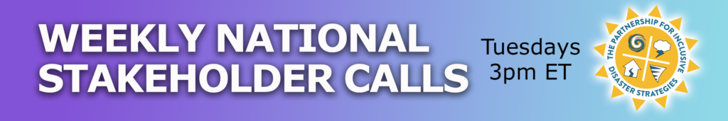 Graphic with a background that gradates from lilac to teal, with type that reads "WEEKLY NATIONAL STAKEHOLDER CALLS Tuesdays 3pm ET" followed by the logo for The Partnership