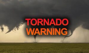 Image of tornado twisters touching towards the ground with text: TORNADO WARNING.