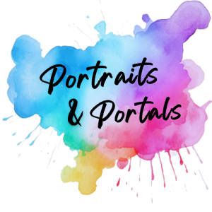 Portraits and Portals Logo with a colorful background.