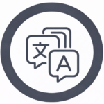 The image shows a circular gray icon containing three overlapping speech bubbles, one with a language character and another with the letter “A,” representing translation, language access, and communication.