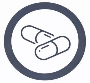 Image of a circular icon containing two overlapping pill capsules in the center.
