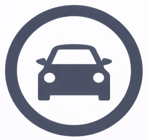 Image of a circular icon containing a front-facing car symbol in the center.